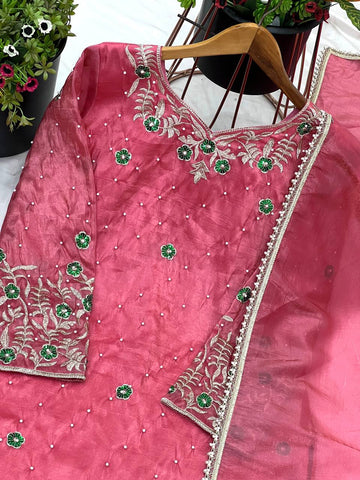 Marvelous Baby Pink Gold Crush With Heavy Embroidery Sequence Work Sharara Suit