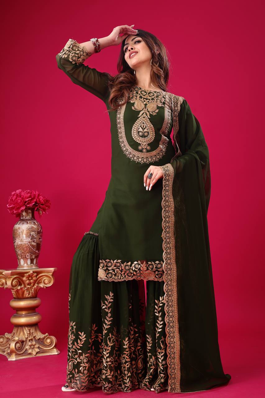 Fabulous Green Color Blooming Faux Georgette With Heavy Embroidery Sequence Thread Work Sharara Suit