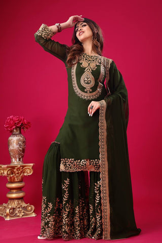 Fabulous Green Color Blooming Faux Georgette With Heavy Embroidery Sequence Thread Work Sharara Suit