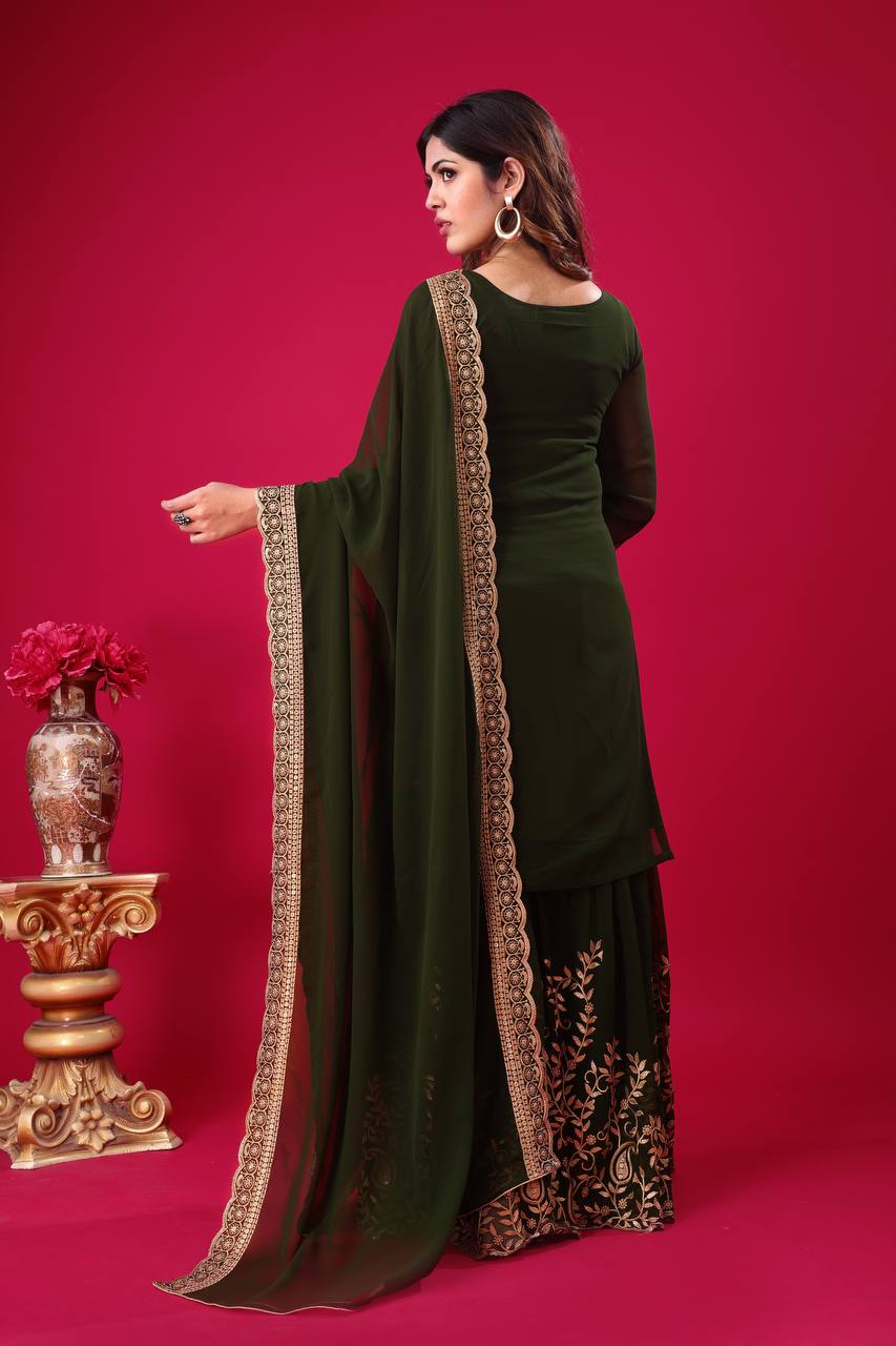 Fabulous Green Color Blooming Faux Georgette With Heavy Embroidery Sequence Thread Work Sharara Suit