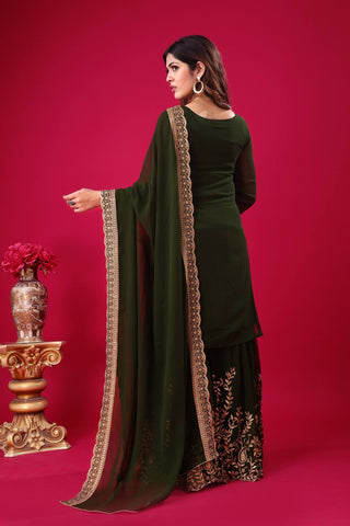 Fabulous Green Color Blooming Faux Georgette With Heavy Embroidery Sequence Thread Work Sharara Suit