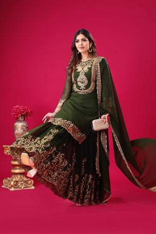 Fabulous Green Color Blooming Faux Georgette With Heavy Embroidery Sequence Thread Work Sharara Suit
