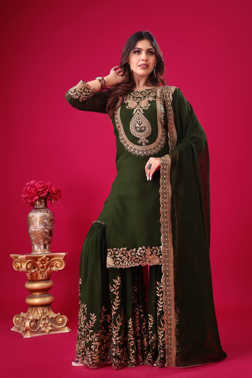 Fabulous Green Color Blooming Faux Georgette With Heavy Embroidery Sequence Thread Work Sharara Suit