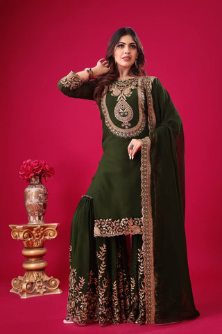 Fabulous Green Color Blooming Faux Georgette With Heavy Embroidery Sequence Thread Work Sharara Suit