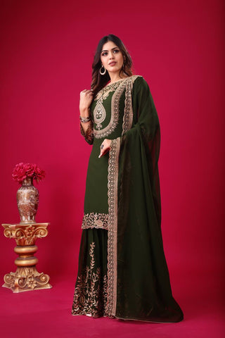 Fabulous Green Color Blooming Faux Georgette With Heavy Embroidery Sequence Thread Work Sharara Suit