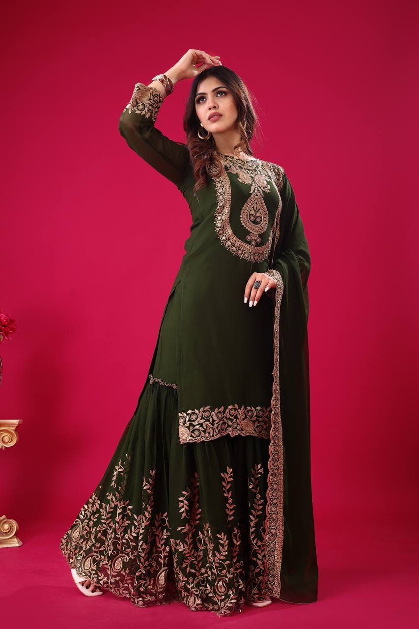 Fabulous Green Color Blooming Faux Georgette With Heavy Embroidery Sequence Thread Work Sharara Suit
