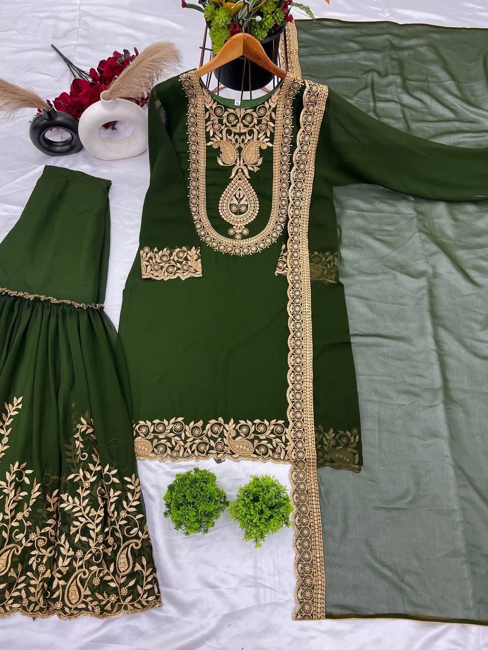 Fabulous Green Color Blooming Faux Georgette With Heavy Embroidery Sequence Thread Work Sharara Suit