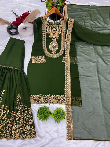 Fabulous Green Color Blooming Faux Georgette With Heavy Embroidery Sequence Thread Work Sharara Suit