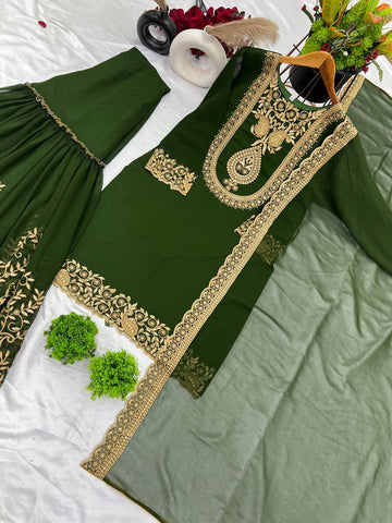 Fabulous Green Color Blooming Faux Georgette With Heavy Embroidery Sequence Thread Work Sharara Suit