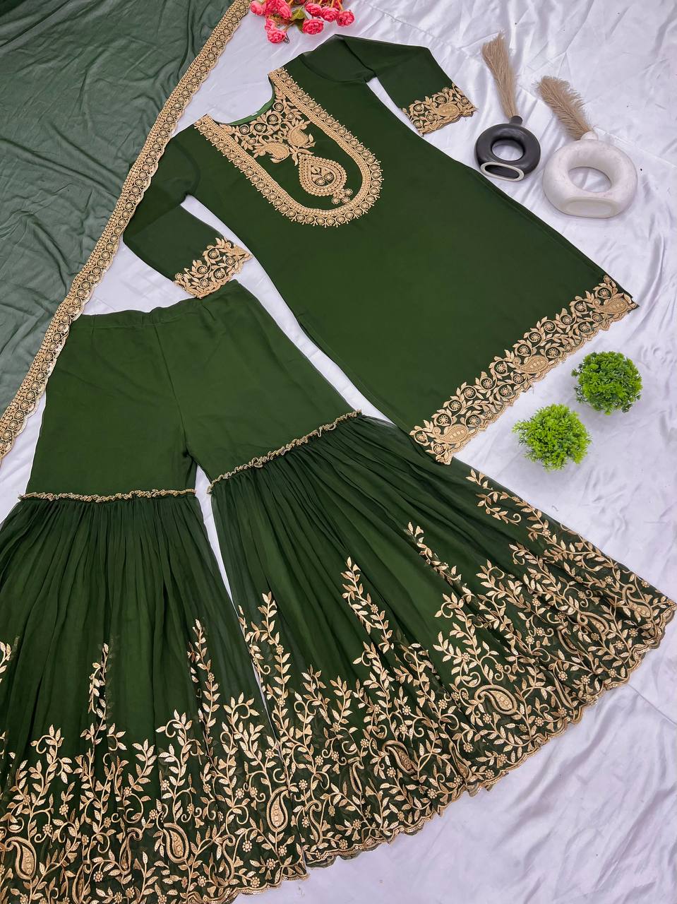 Fabulous Green Color Blooming Faux Georgette With Heavy Embroidery Sequence Thread Work Sharara Suit