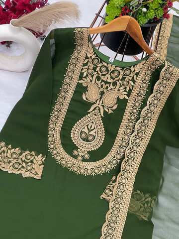 Fabulous Green Color Blooming Faux Georgette With Heavy Embroidery Sequence Thread Work Sharara Suit