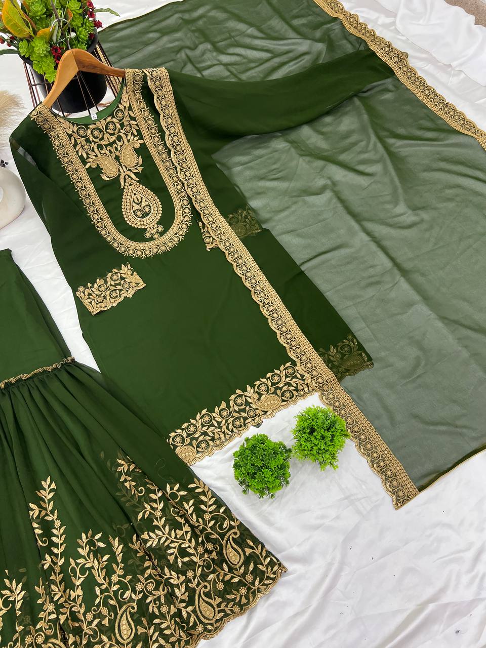 Fabulous Green Color Blooming Faux Georgette With Heavy Embroidery Sequence Thread Work Sharara Suit