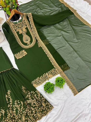 Fabulous Green Color Blooming Faux Georgette With Heavy Embroidery Sequence Thread Work Sharara Suit