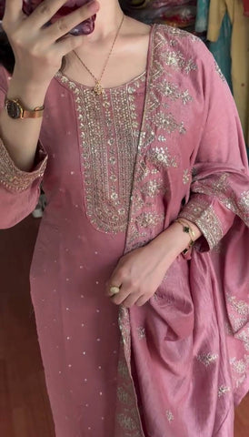 Party Wear Peach Color Chinon Silk With Heavy Embroidery Sequence Work Salwar Suit