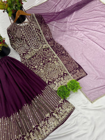 Ceremony Wear Purple Color Pure Chinon Silk With Embroidery Sequence With Moti Work Sharara Suit