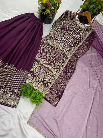 Ceremony Wear Purple Color Pure Chinon Silk With Embroidery Sequence With Moti Work Sharara Suit