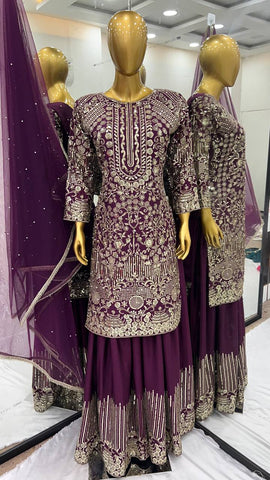 Ceremony Wear Purple Color Pure Chinon Silk With Embroidery Sequence With Moti Work Sharara Suit
