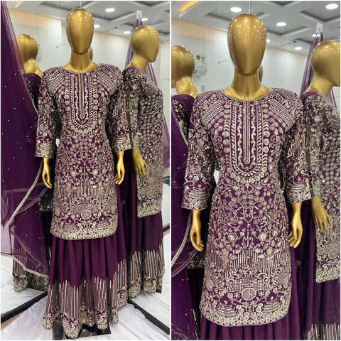 Ceremony Wear Purple Color Pure Chinon Silk With Embroidery Sequence With Moti Work Sharara Suit