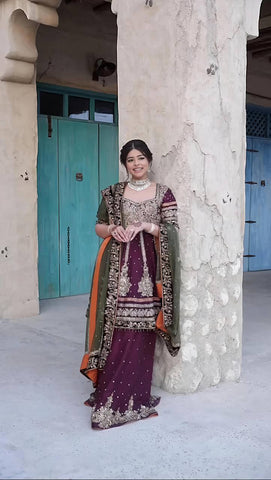 Glorious Wine Color Faux Georgette With Heavy Embroidery 5mm Sequence Work Sharara Suit