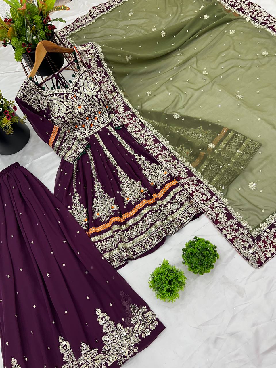 Glorious Wine Color Faux Georgette With Heavy Embroidery 5mm Sequence Work Sharara Suit