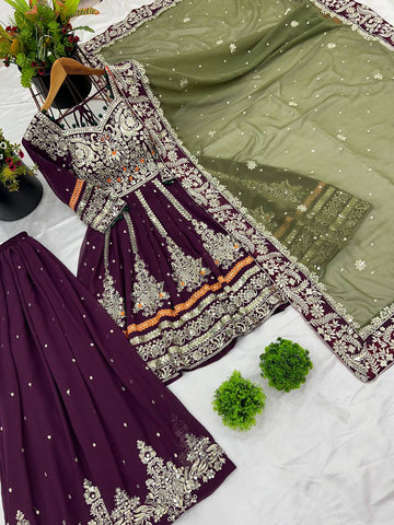 Glorious Wine Color Faux Georgette With Heavy Embroidery 5mm Sequence Work Sharara Suit