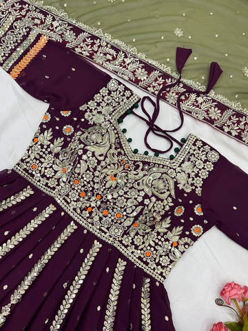 Glorious Wine Color Faux Georgette With Heavy Embroidery 5mm Sequence Work Sharara Suit