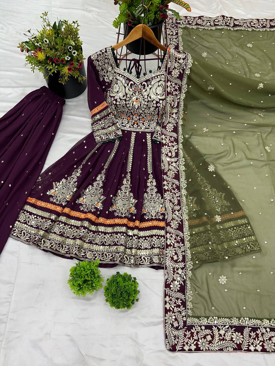 Glorious Wine Color Faux Georgette With Heavy Embroidery 5mm Sequence Work Sharara Suit