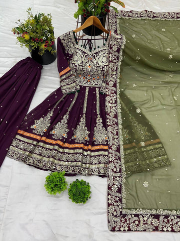 Glorious Wine Color Faux Georgette With Heavy Embroidery 5mm Sequence Work Sharara Suit