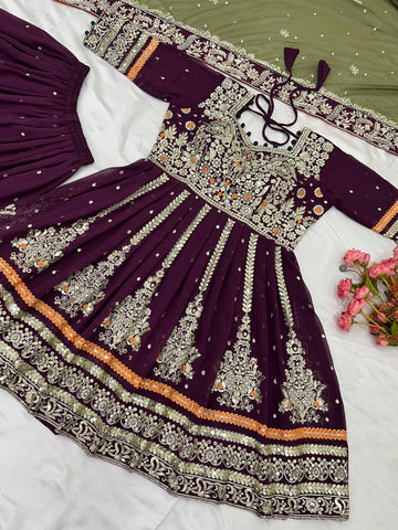 Glorious Wine Color Faux Georgette With Heavy Embroidery 5mm Sequence Work Sharara Suit