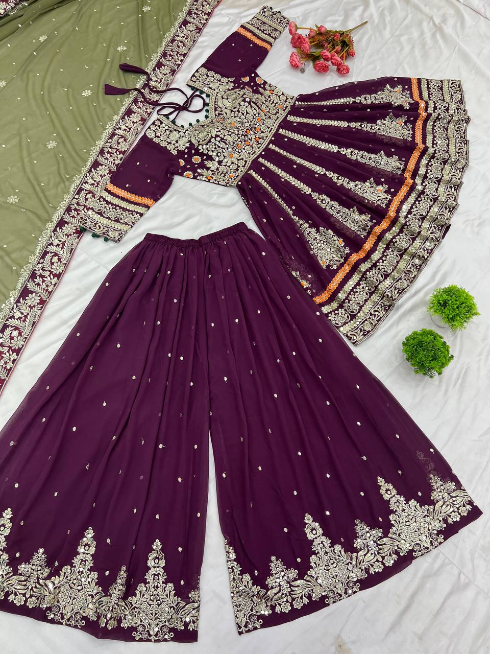 Glorious Wine Color Faux Georgette With Heavy Embroidery 5mm Sequence Work Sharara Suit