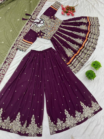 Glorious Wine Color Faux Georgette With Heavy Embroidery 5mm Sequence Work Sharara Suit
