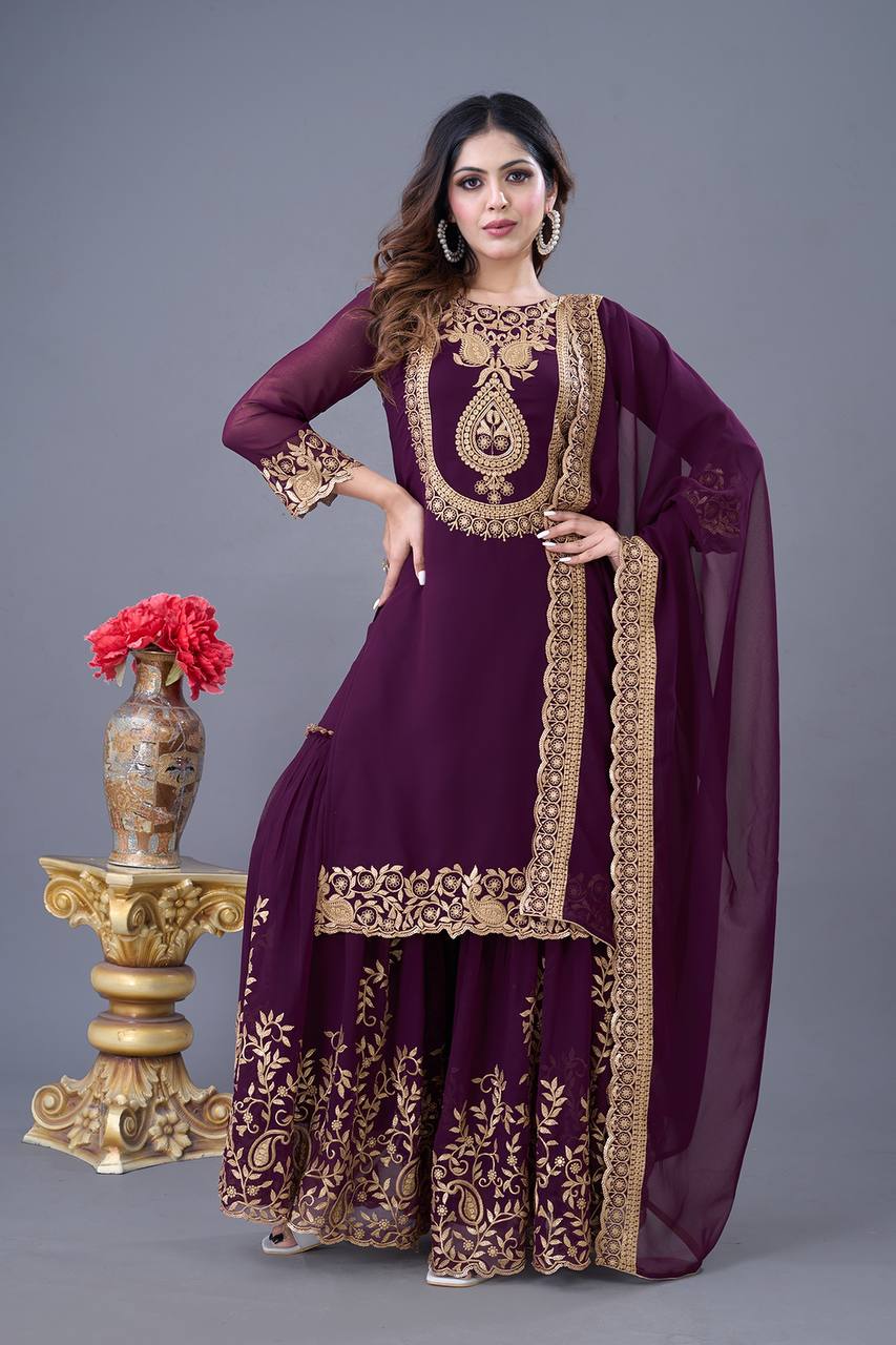 Fabulous Purple Color Blooming Faux Georgette With Heavy Embroidery Sequence Thread Work Sharara Suit
