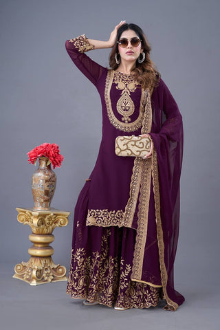 Fabulous Purple Color Blooming Faux Georgette With Heavy Embroidery Sequence Thread Work Sharara Suit