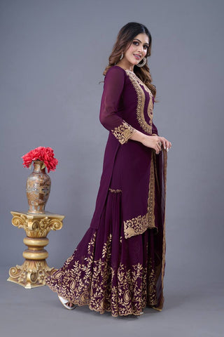 Fabulous Purple Color Blooming Faux Georgette With Heavy Embroidery Sequence Thread Work Sharara Suit