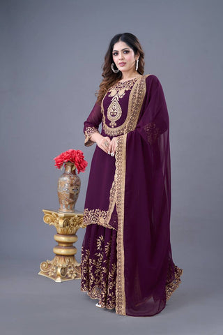 Fabulous Purple Color Blooming Faux Georgette With Heavy Embroidery Sequence Thread Work Sharara Suit