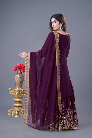 Fabulous Purple Color Blooming Faux Georgette With Heavy Embroidery Sequence Thread Work Sharara Suit