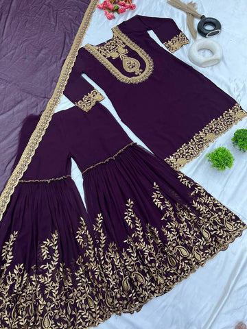 Fabulous Purple Color Blooming Faux Georgette With Heavy Embroidery Sequence Thread Work Sharara Suit