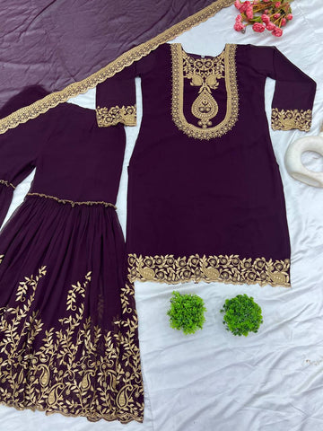 Fabulous Purple Color Blooming Faux Georgette With Heavy Embroidery Sequence Thread Work Sharara Suit