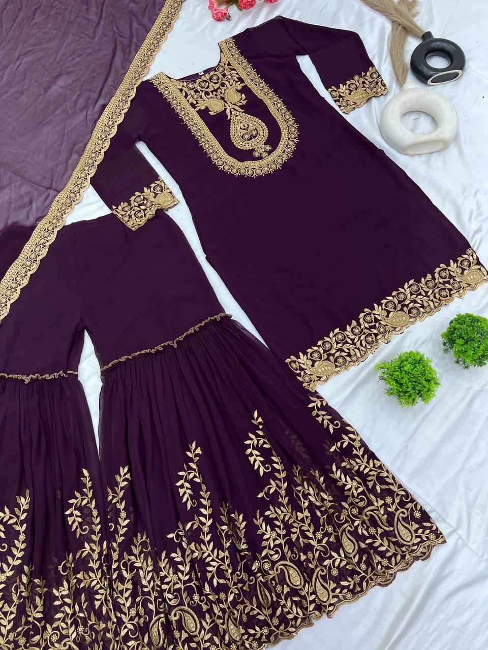 Fabulous Purple Color Blooming Faux Georgette With Heavy Embroidery Sequence Thread Work Sharara Suit