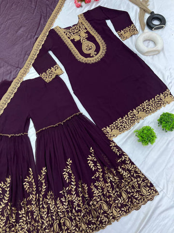 Fabulous Purple Color Blooming Faux Georgette With Heavy Embroidery Sequence Thread Work Sharara Suit