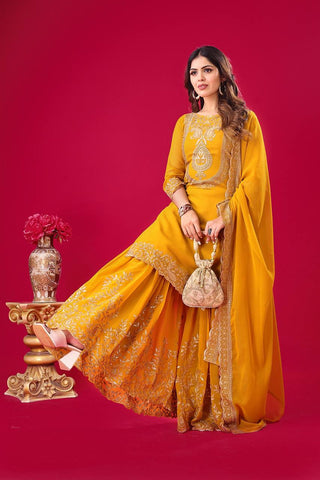 Fabulous Yellow Color Blooming Faux Georgette With Heavy Embroidery Sequence Thread Work Sharara Suit