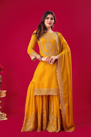 Fabulous Yellow Color Blooming Faux Georgette With Heavy Embroidery Sequence Thread Work Sharara Suit