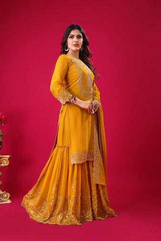 Fabulous Yellow Color Blooming Faux Georgette With Heavy Embroidery Sequence Thread Work Sharara Suit