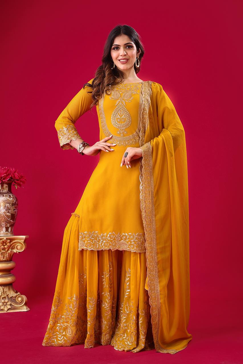 Fabulous Yellow Color Blooming Faux Georgette With Heavy Embroidery Sequence Thread Work Sharara Suit
