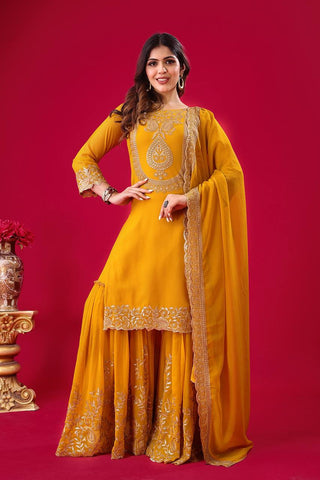 Fabulous Yellow Color Blooming Faux Georgette With Heavy Embroidery Sequence Thread Work Sharara Suit