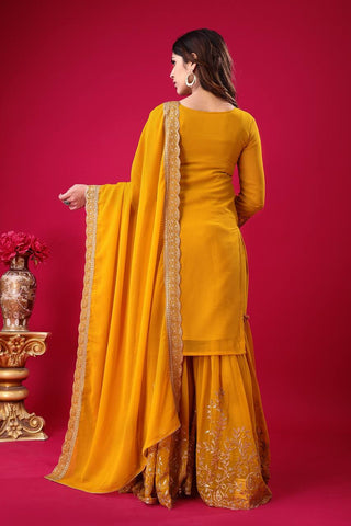Fabulous Yellow Color Blooming Faux Georgette With Heavy Embroidery Sequence Thread Work Sharara Suit