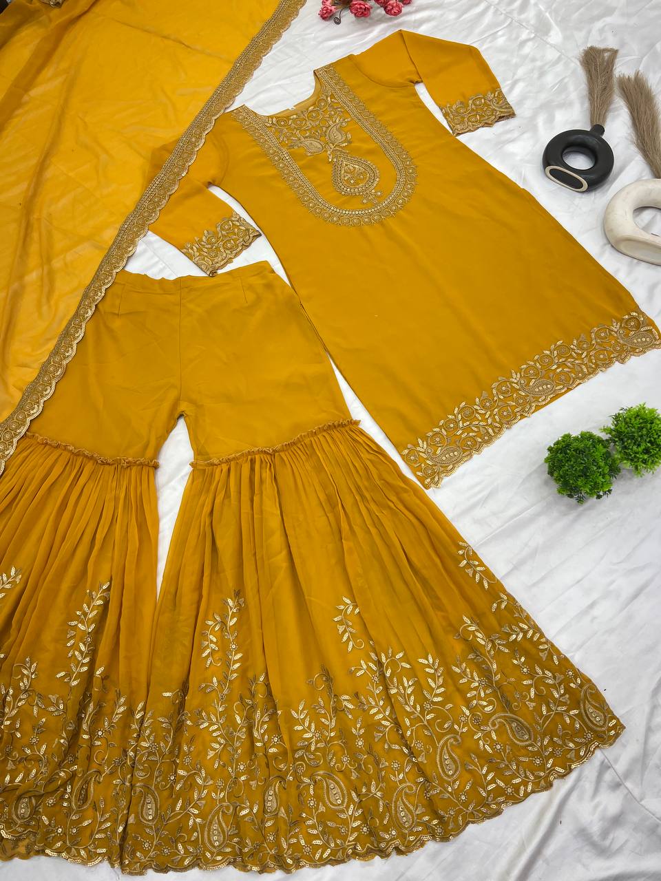 Fabulous Yellow Color Blooming Faux Georgette With Heavy Embroidery Sequence Thread Work Sharara Suit