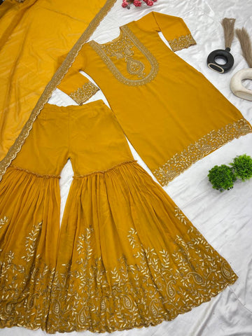 Fabulous Yellow Color Blooming Faux Georgette With Heavy Embroidery Sequence Thread Work Sharara Suit