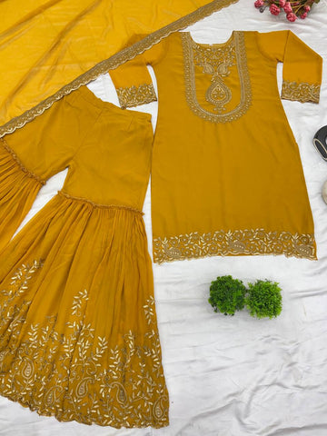 Fabulous Yellow Color Blooming Faux Georgette With Heavy Embroidery Sequence Thread Work Sharara Suit