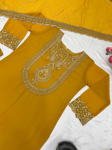 Fabulous Yellow Color Blooming Faux Georgette With Heavy Embroidery Sequence Thread Work Sharara Suit